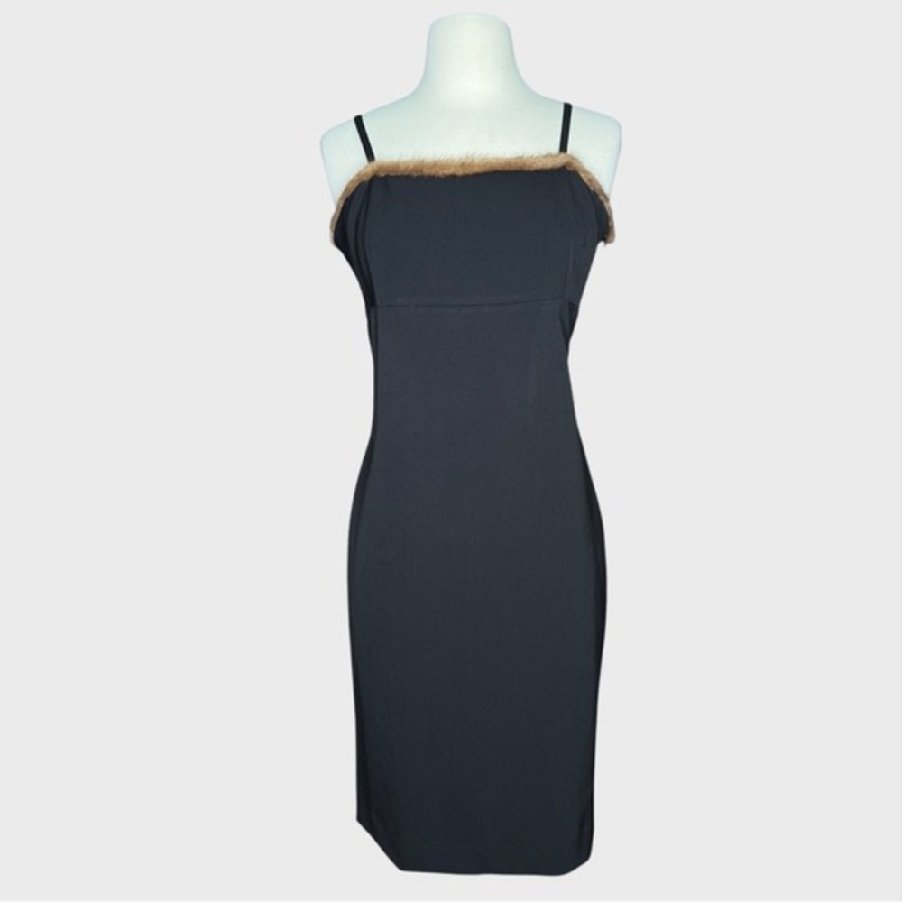 Piu & Piu Size 6 Vintage Little Black Cocktail Dress with Real Fur Trim Italy 42